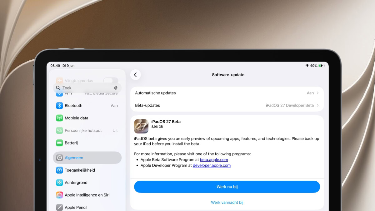 Installatiescherm bèta iPadOS 26