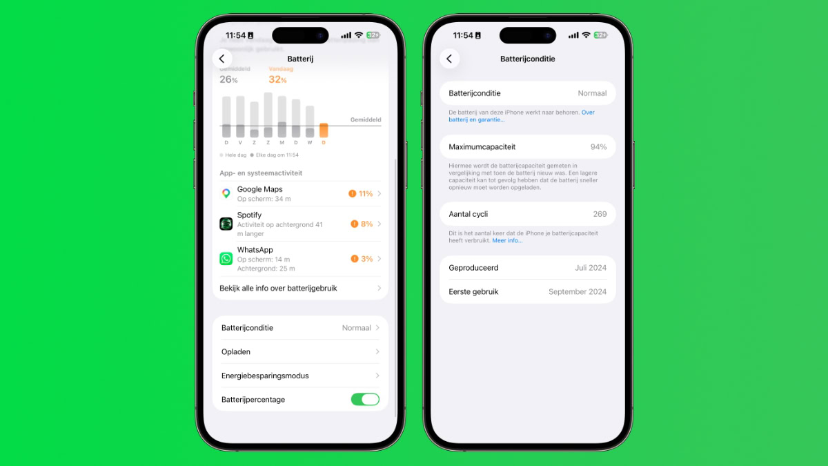 Twee iPhones met instellingen Batterij