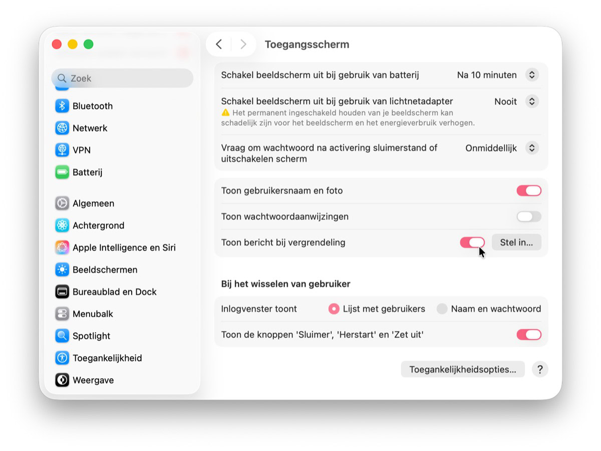 Instellingen voor toegangsscherm Mac
