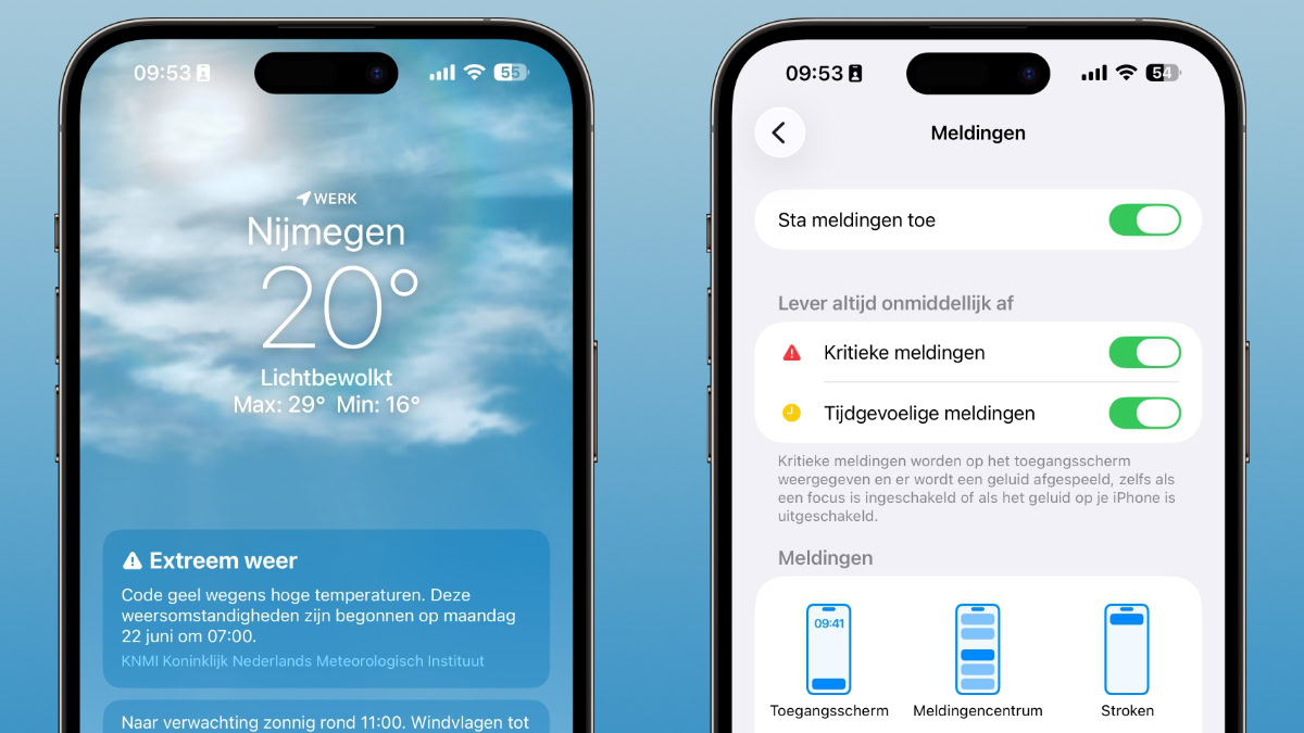 Twee iPhones met Weer-app en Instellingen