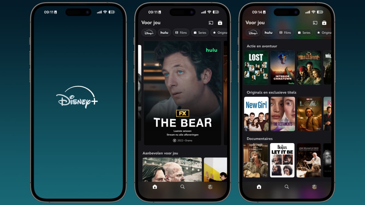 Drie iPhones met app Disney+
