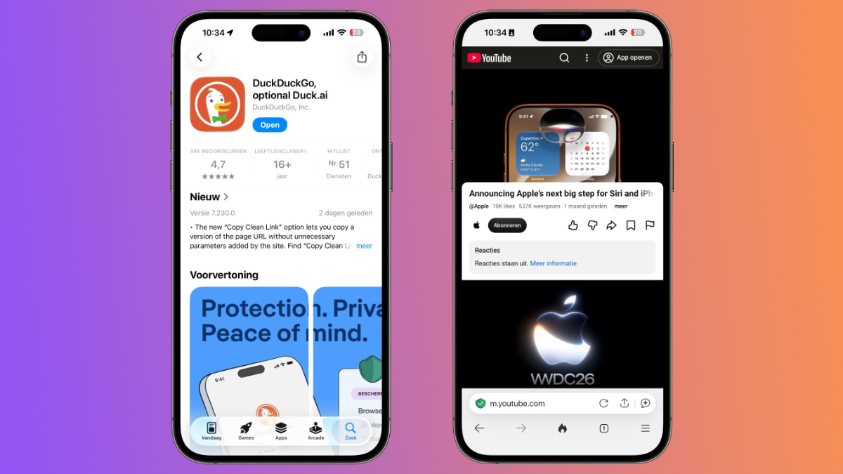 iPhone met App Store (links) en iPhone met DuckDuckGo (rechts)