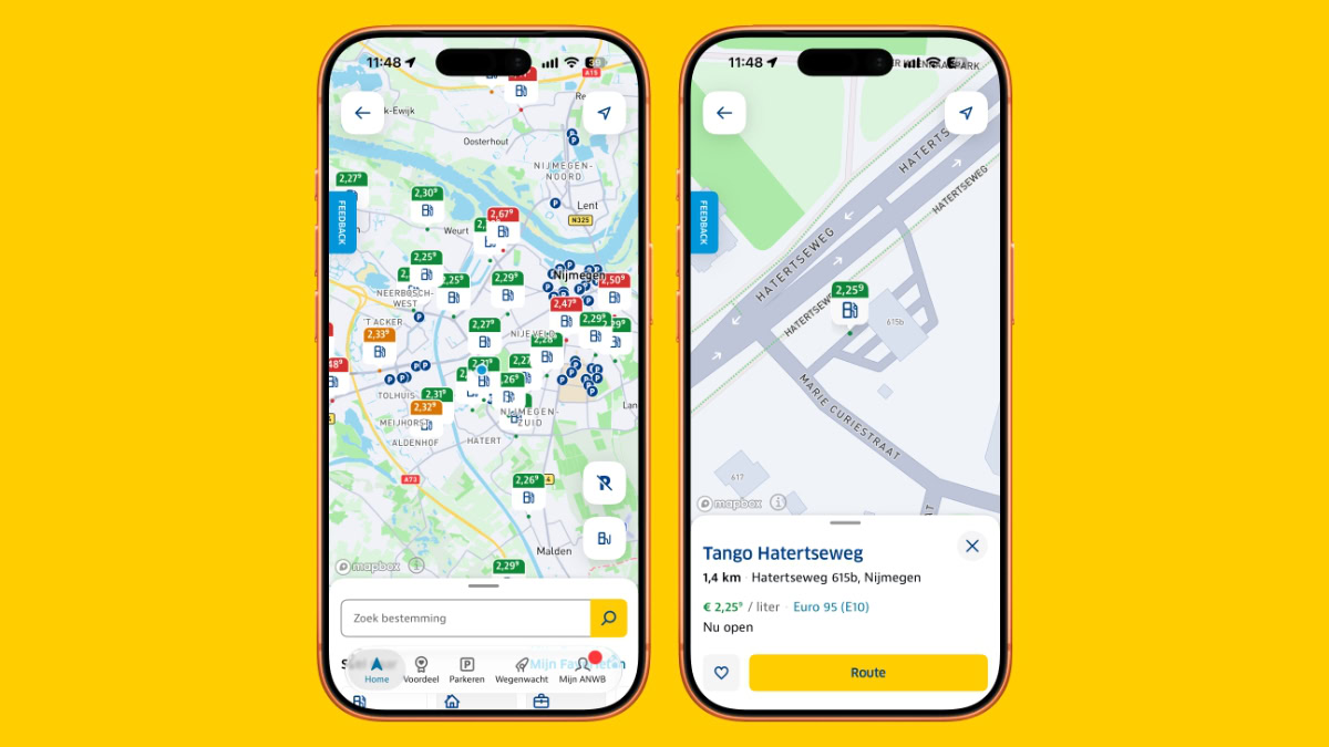 Twee iPhones met brandstofprijzen ANWB