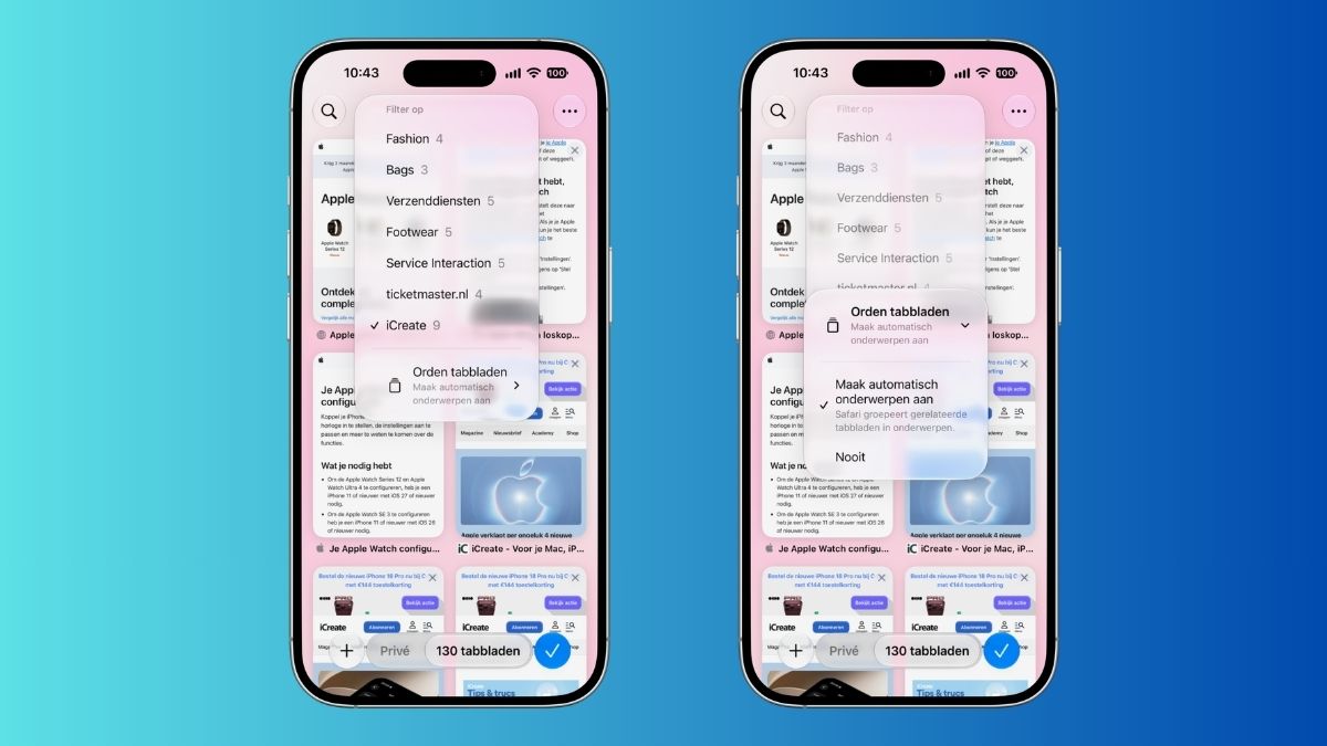 Twee iPhones met gesorteerde tabbladen Safari