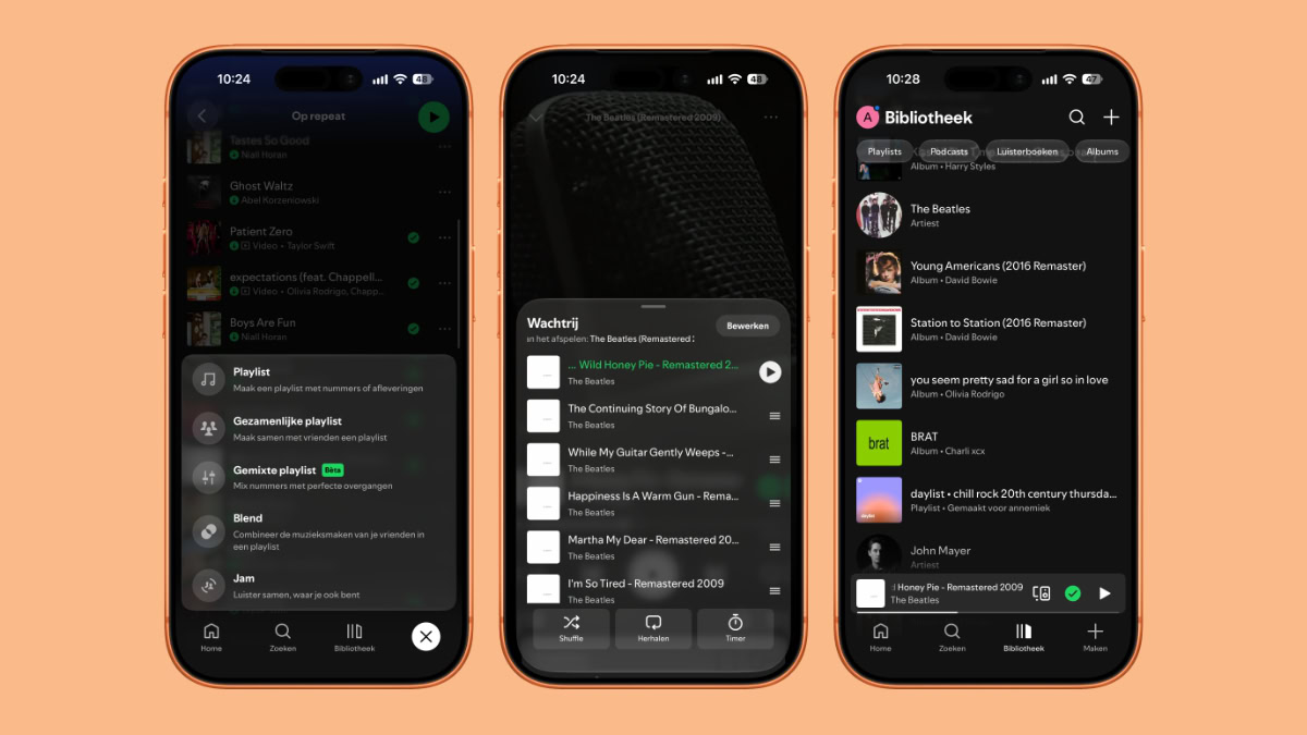 Drie iPhones met Liquid Glass en Spotify